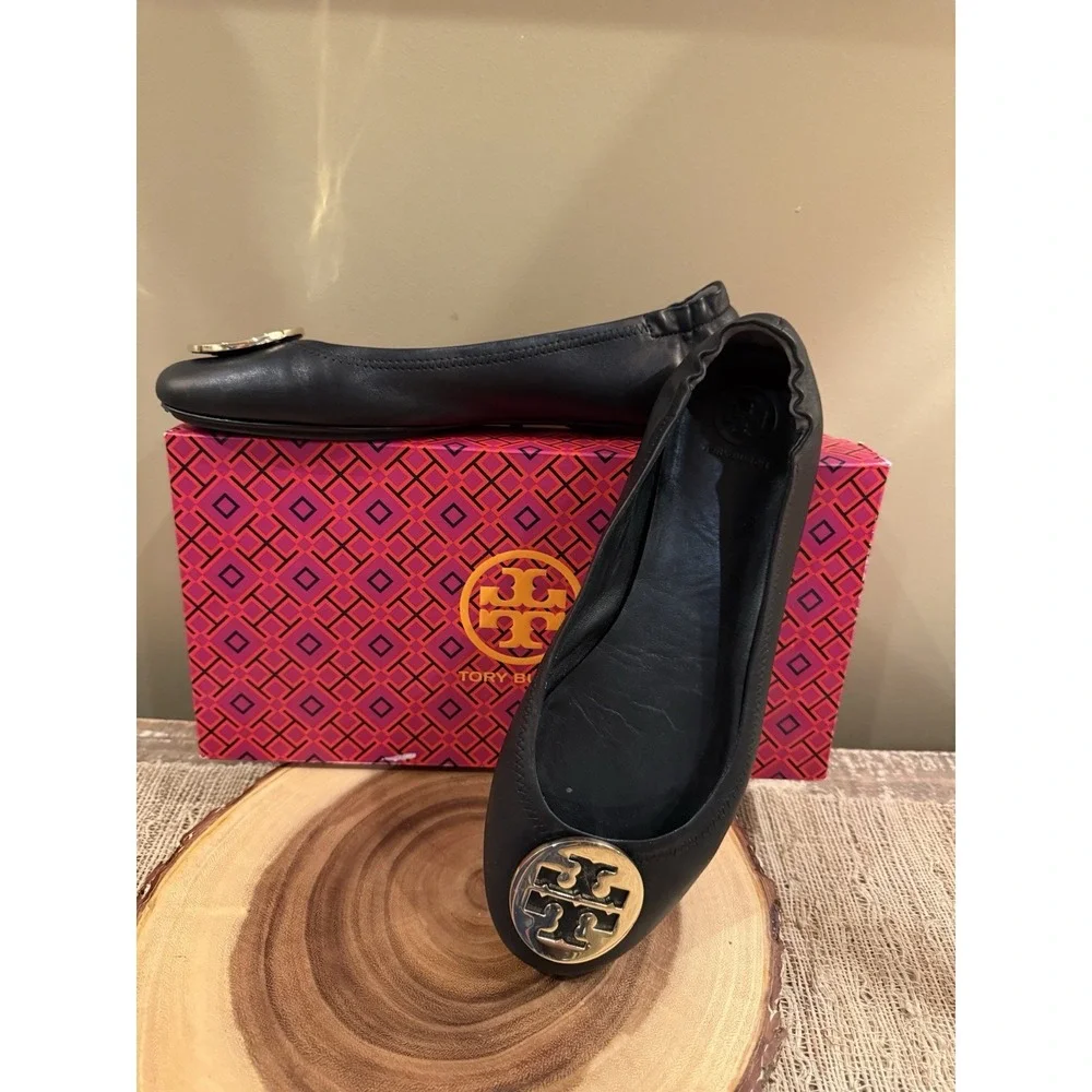 Tory Burch Minnie Travel Ballet Flats Black Leather Gold Logo Sz-10M